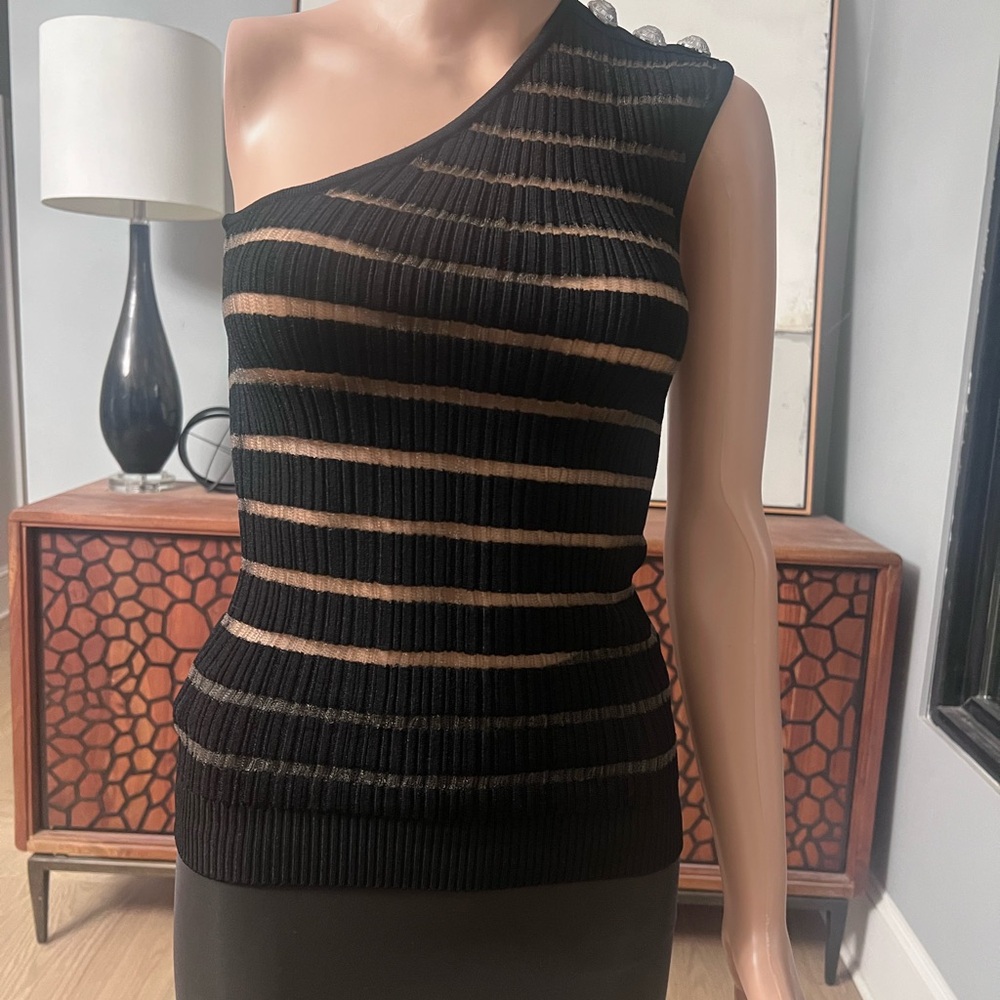 Elegant (SET) Balmain Black One-Shoulder top and skirt $2045 Retail